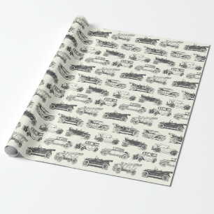 Papier Cadeau Ancien Motif de voiture noir blanc Vintage