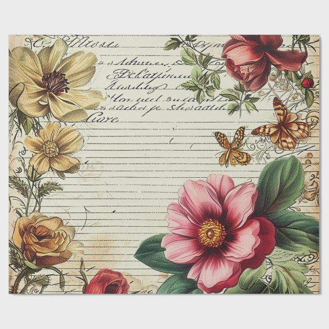 Papier Cadeau Anciennes lettres de fleurs de journal de junk (Plat)