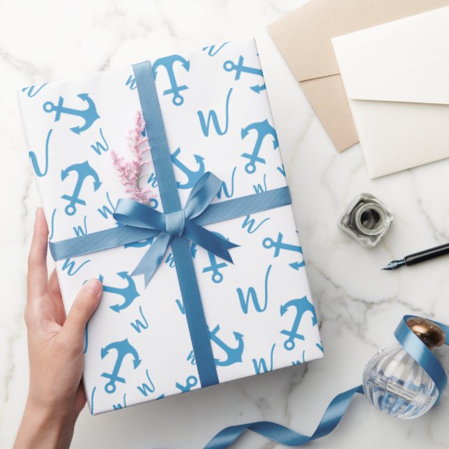 Papier Cadeau Ancre bleue et monogramme (Cadeaux)