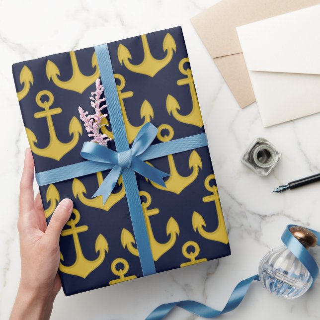 Papier Cadeau Ancre dorée sur fond bleu marine (Cadeaux)
