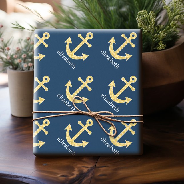 Papier Cadeau Ancre nautique avec Motif de Navy Jaune Chevron (Personalized Wrapping Paper)