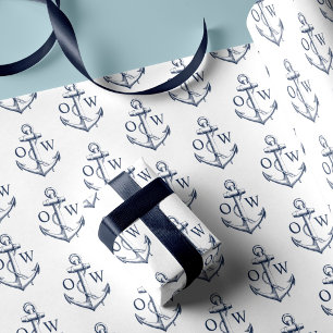 Papier Cadeau Ancre nautique Monogramme Marine blanche