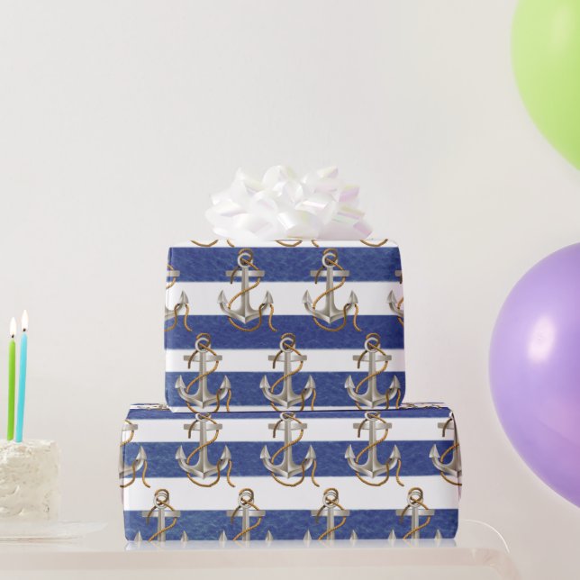 Papier Cadeau Ancre Nautique Sur Les Rayures D'Aquarelle (Cadeaux de fête)