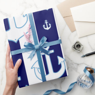 Papier Cadeau ancres blanches & rayures bleu marine, nautique