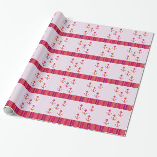 Papier Cadeau Ancres et rayures rose marine