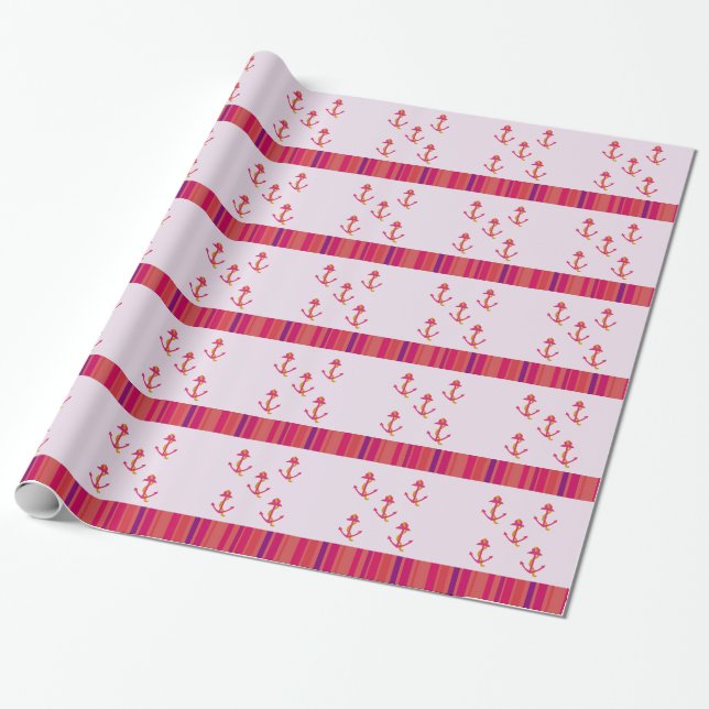 Papier Cadeau Ancres et rayures rose marine (Déroulé)