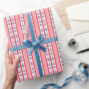 Papier Cadeau Ancres nautiques rouges et bleues