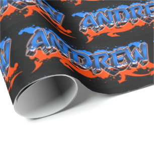 Papier Cadeau Andrew prénom Graffiti blue orange
