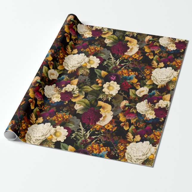 Papier Cadeau Anémone antique nostalgique et noir Motif Rose (Déroulé)