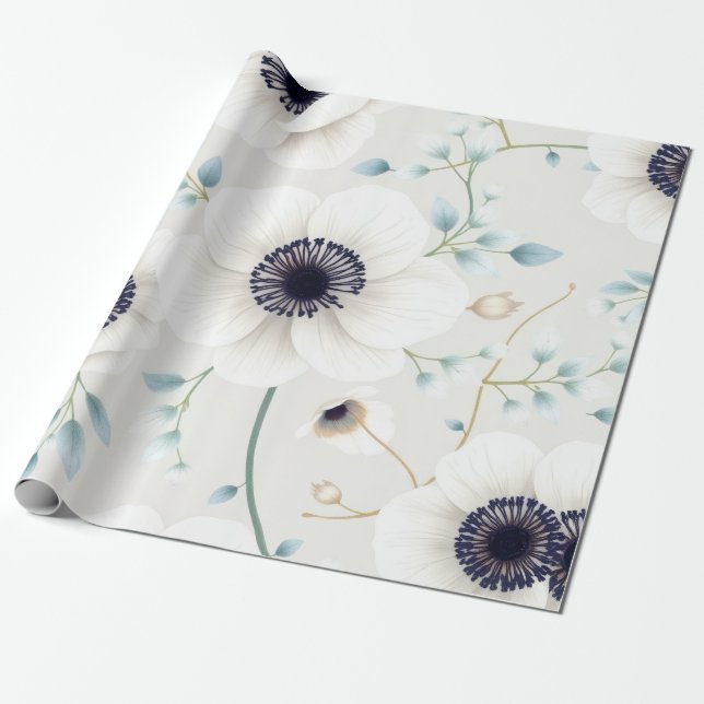 Papier Cadeau Anémone blanche & Eucalyptus Pâques  (Déroulé)