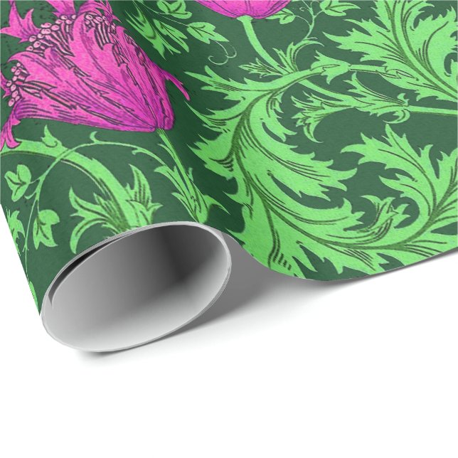 Papier Cadeau Anémone de William Morris, vert vert et fuchsia (Coin rond)