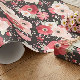 Papier Cadeau Anémone Florale Noir et Rose Lunatique