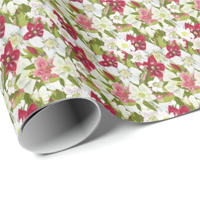 Papier Cadeau Anémones de Noël-Hellébores Peintes Florales (Coin rond)