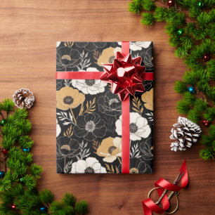 Papier Cadeau Anémones noires chic et moutarde