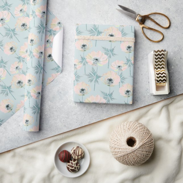 Papier Cadeau Anémones roses délicates. (Artisanat)