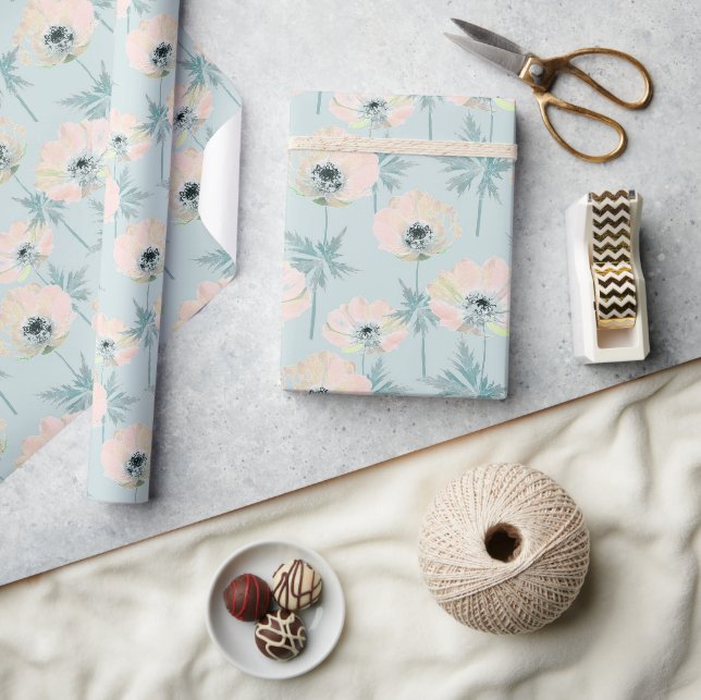 Papier Cadeau Anémones roses délicates. (Artisanat)