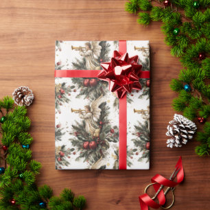 Papier Cadeau Ange de Noël religieux vintage à la trompette