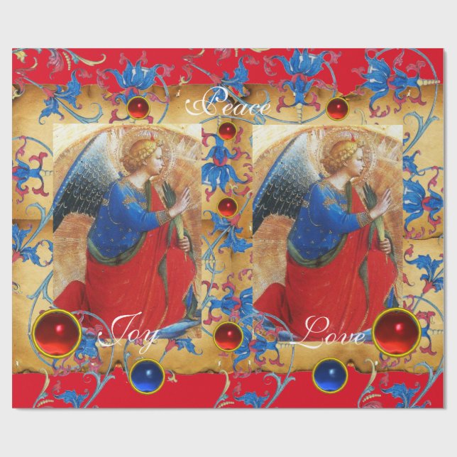 PAPIER CADEAU ANGE EN ROUGE, OR, PARCHEMENT FLORAL BLEU AVEC GEM (Plat)