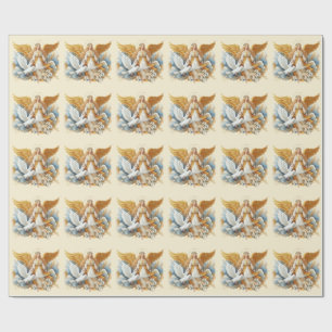 Papier Cadeau  Ange Gardien Doré Avec Oiseau Blanc