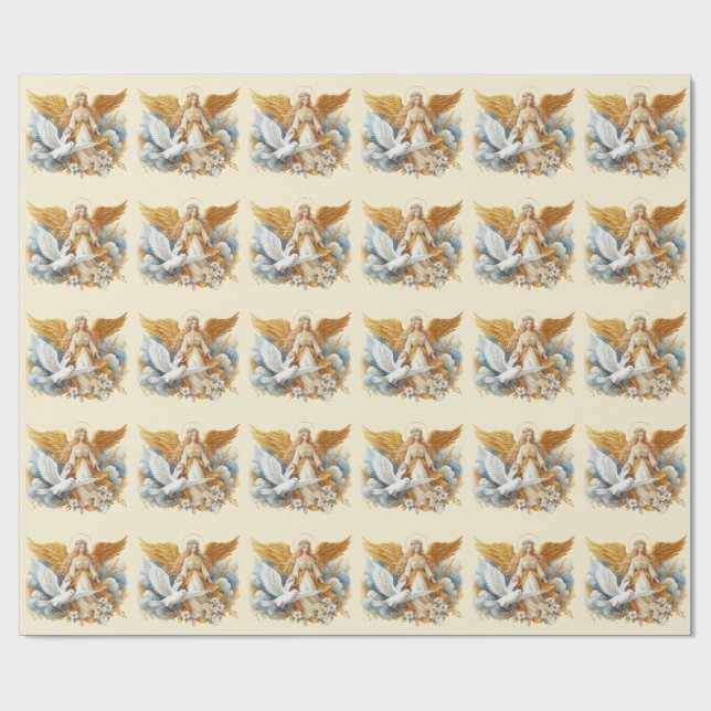 Papier Cadeau  Ange Gardien Doré Avec Oiseau Blanc (Plat)