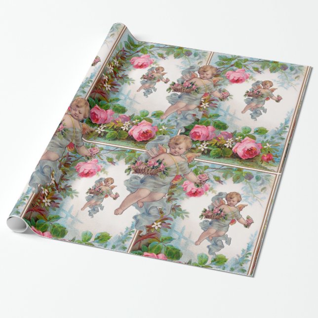 PAPIER CADEAU ANGE ROMANTIQUE RASSEMBLANT ROSES ET FLEURS ROSES  (Déroulé)