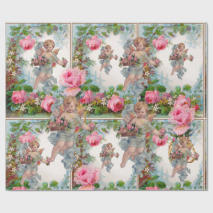 PAPIER CADEAU ANGE ROMANTIQUE RASSEMBLANT ROSES ET FLEURS ROSES