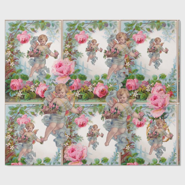 PAPIER CADEAU ANGE ROMANTIQUE RASSEMBLANT ROSES ET FLEURS ROSES  (Plat)