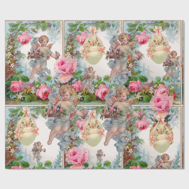PAPIER CADEAU ANGE ROMANTIQUE RASSEMBLANT ROSES ROSES ROSES ROSE (Plat)