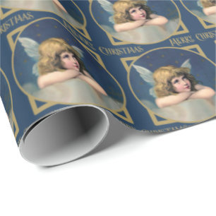 Papier Cadeau Angel Cherub Merry Christmas Blue Gold