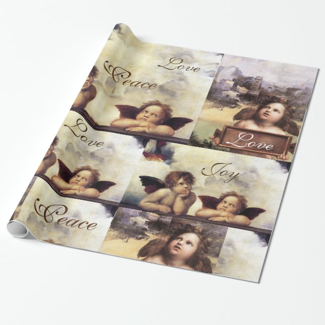 Papier Cadeau ANGELS /Cherubs ailés NOËL JOIE LA PAIX L'AMOUR (Déroulé)