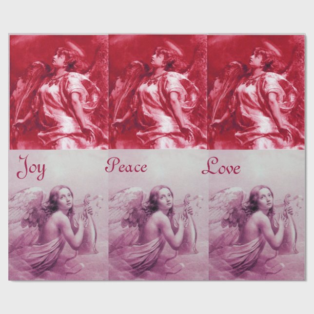 Papier Cadeau ANGELS JOUANT LYRA SUR LES NUAGES Noël rose (Plat)