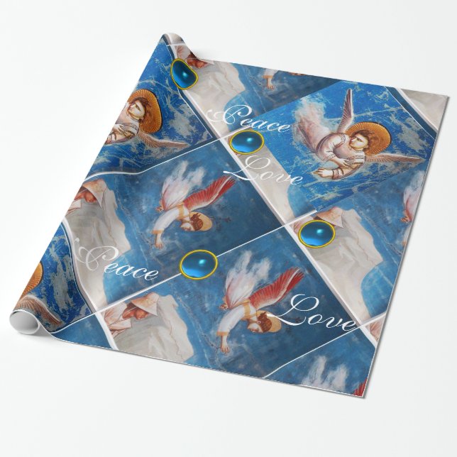 PAPIER CADEAU ANGELS VOLANT / GEMS BLEU NOËL JOIE PAIX AMOUR (Déroulé)