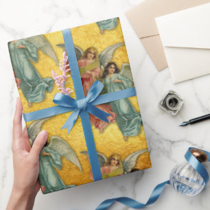 Papier Cadeau Anges de Noël Antique Victorien Luxe Or