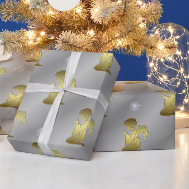 Papier Cadeau Anges de Noël En Or Sur Argent (Créateur téléchargé)