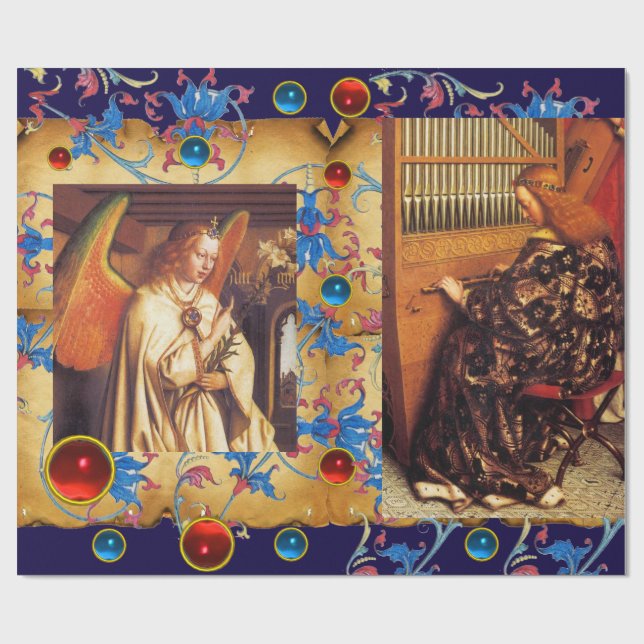 PAPIER CADEAU ANGES DE NOËL, GÈMES BLEUS ROUGES, PARCHEMENT FLOR (Plat)