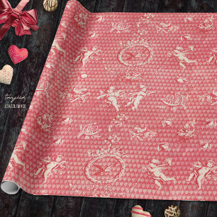 Papier Cadeau Anges et cœurs antiques rose rouge de classe Cupid
