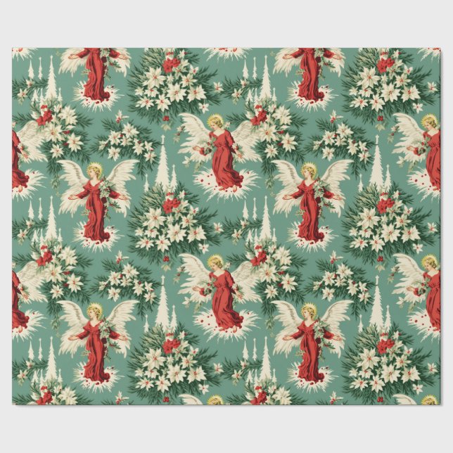 Papier Cadeau Anges et fleurs de Noël rétro (Couture)