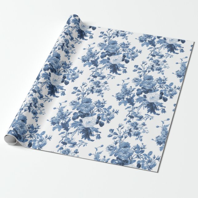 Papier Cadeau Anglais Cottage Jardin Floral Bleu n Blanc Motif (Déroulé)
