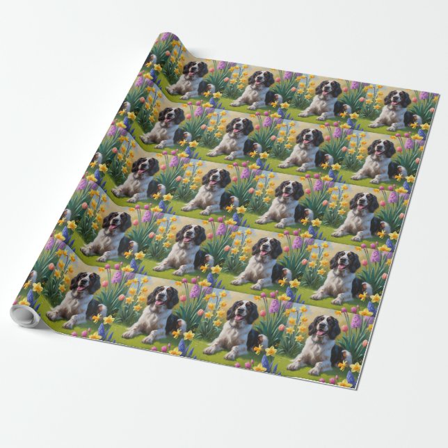 Papier Cadeau Anglais Setter Chien Fleurs de printemps Peinture (Déroulé)