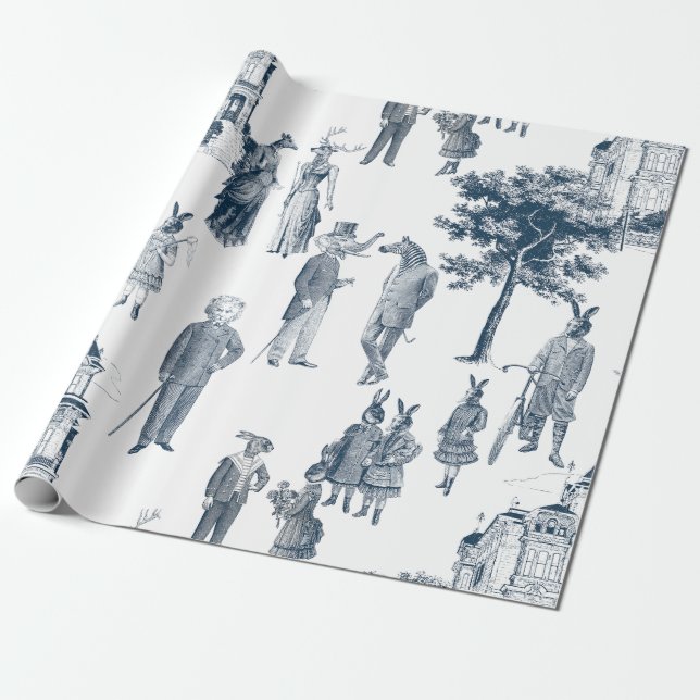 Papier Cadeau animal victorien antique toile anthropomorphe bleu (Déroulé)