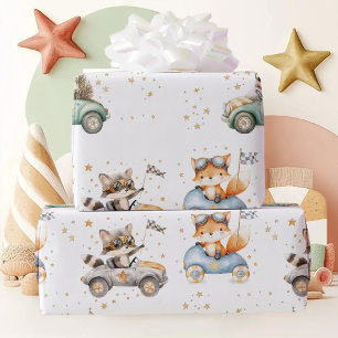 Papier Cadeau Animaux amusants Voitures de course 2e anniversair
