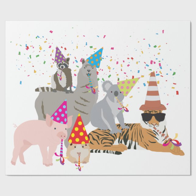 Papier Cadeau Animaux - Beaux animaux ayant une fête (Plat)