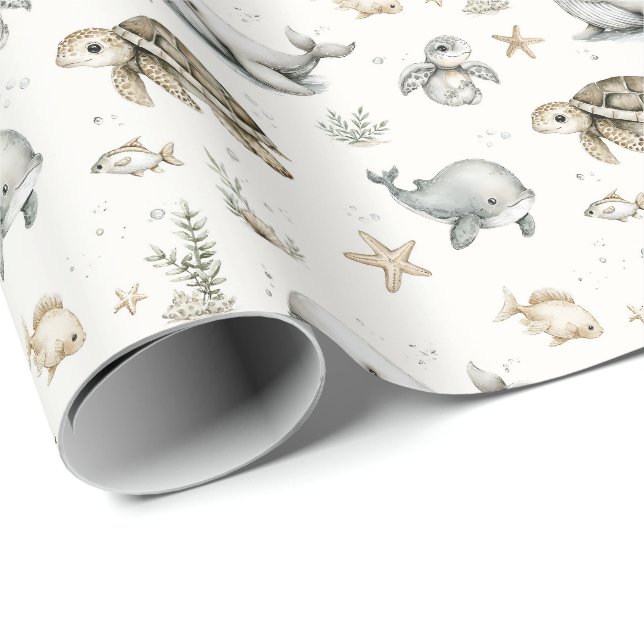 Papier Cadeau Animaux Bébés Océan Aquarelle Mignons  (Coin rond)