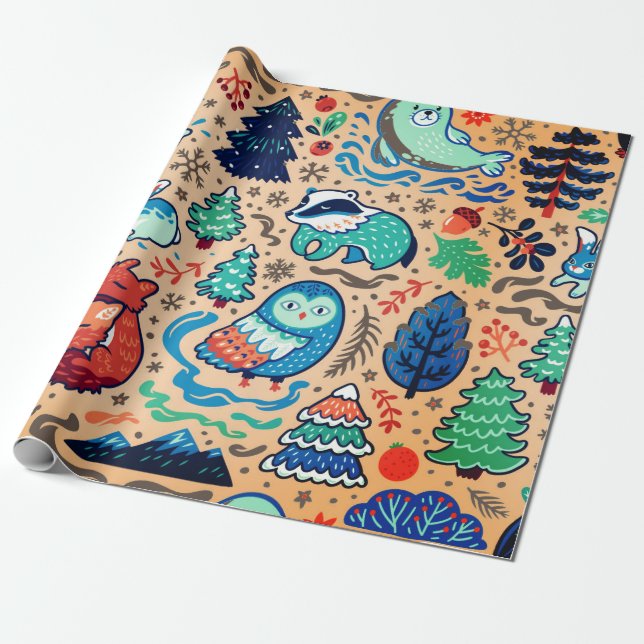 Papier Cadeau ANIMAUX DANS LA FORÊT NOËL Papier à envelopper (Déroulé)
