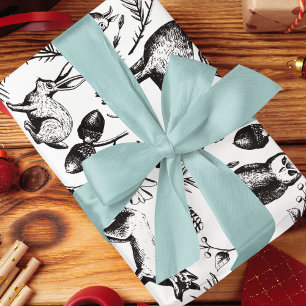 Papier Cadeau Animaux de bois noirs et blancs modernes dessinés 