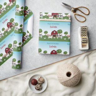 Papier Cadeau Animaux De Ferme Avec Grange Rouge Ciel Bleu Joyeu