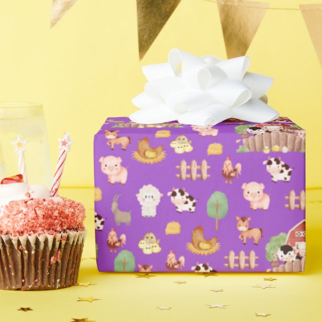 Papier Cadeau Animaux de ferme mignons sur violet (Fête d'anniversaire)