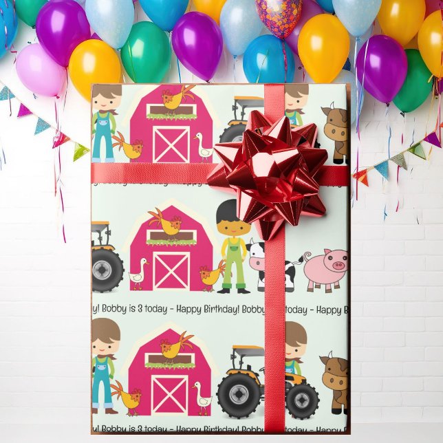 Papier Cadeau Animaux de ferme Tracteur Ajouter le nom de l'enfa (Créateur téléchargé)