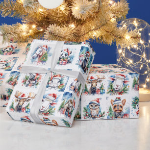Papier Cadeau Animaux de fête à l'aquarelle Noël