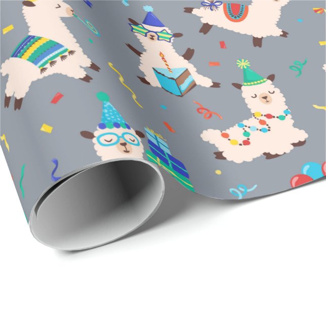 Papier Cadeau Animaux de fête Lama Anniversaire Gris (Coin rond)